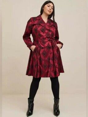 Size 2 Torrid Disney Red Black Mickey Mouse Jacquard Swing Trench Coat *No Belt*